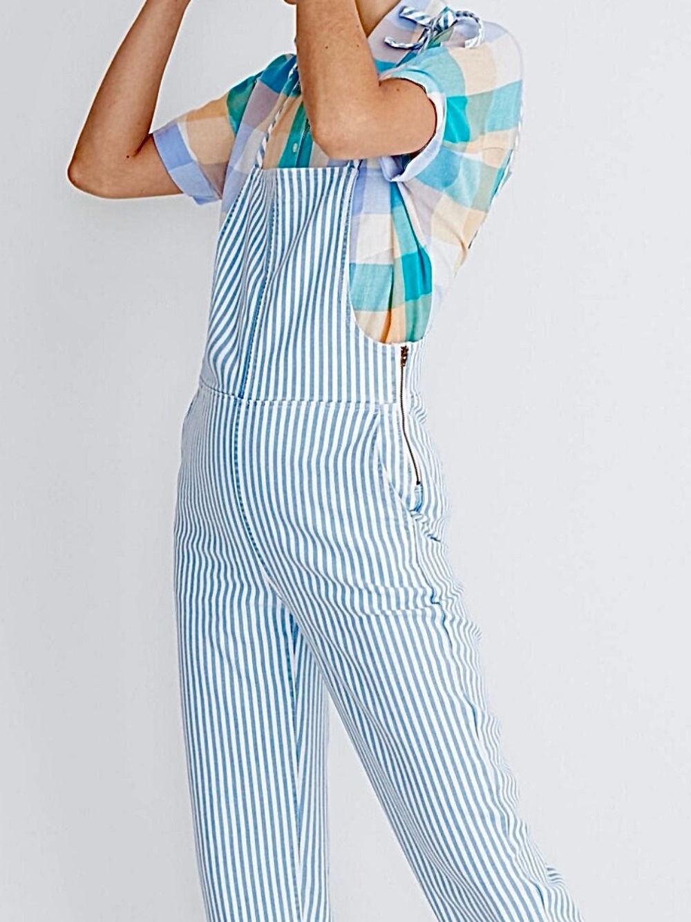 NEW XS Madewell Tie-Strap Overalls Railroad Stripe Light Blue Jumpsuit Denim NWT